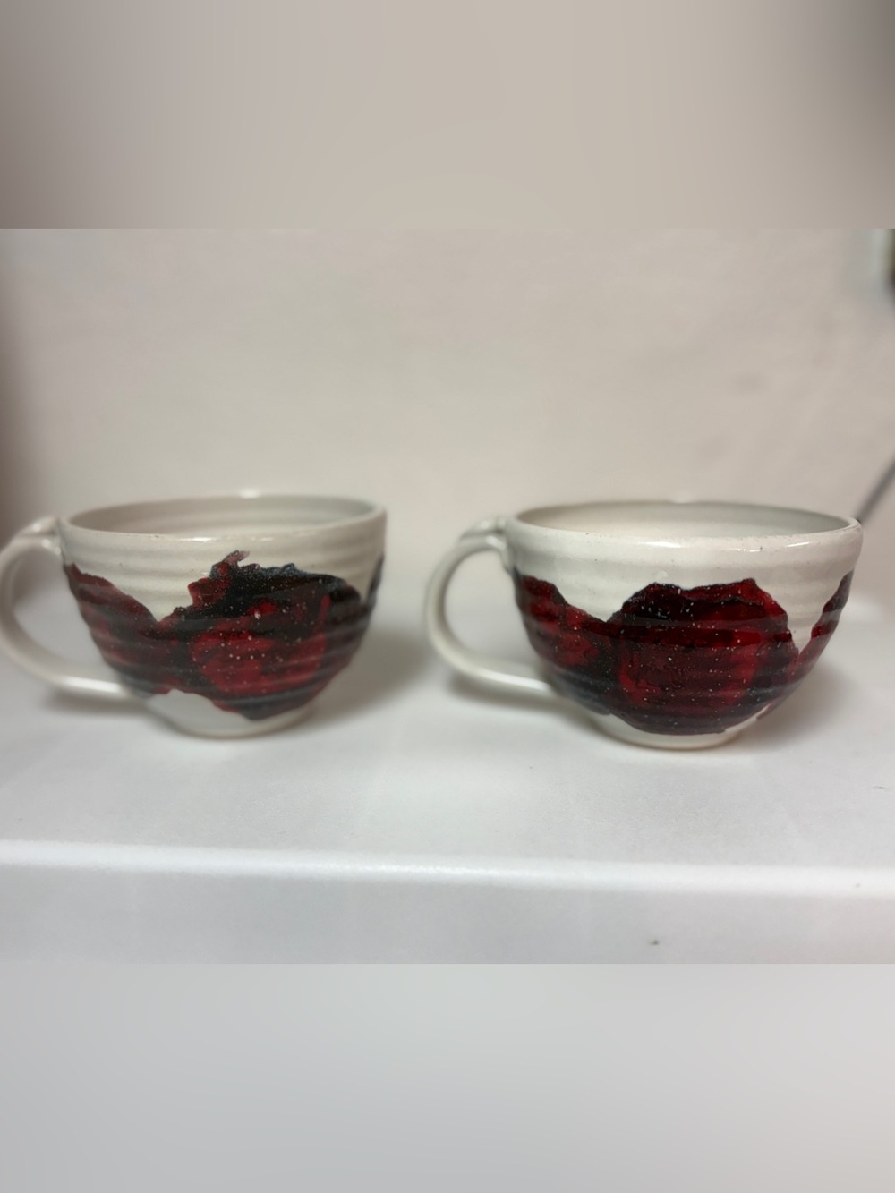 Handmade White Ceramic Mug with Red and Black Glaze - set of 2